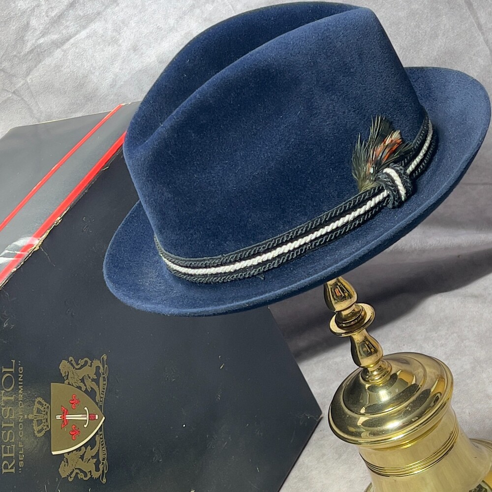 Vintage Resistol Fedora Mens 7 Royal Blue Felt Feather Orig Box New Old Stock